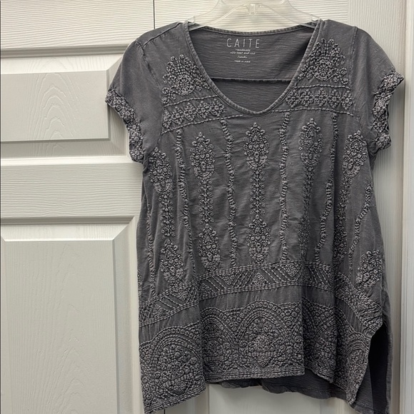 Caite Tops - Gray Boho Embellished Blouse